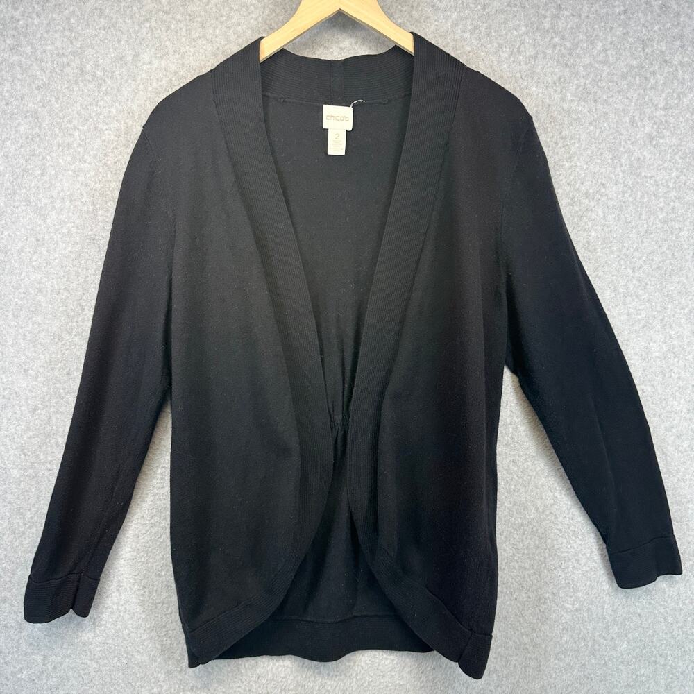 Chico's Sweater Womens Size 2 Black Cotton Blend Open Front Long Sleeve Cardigan